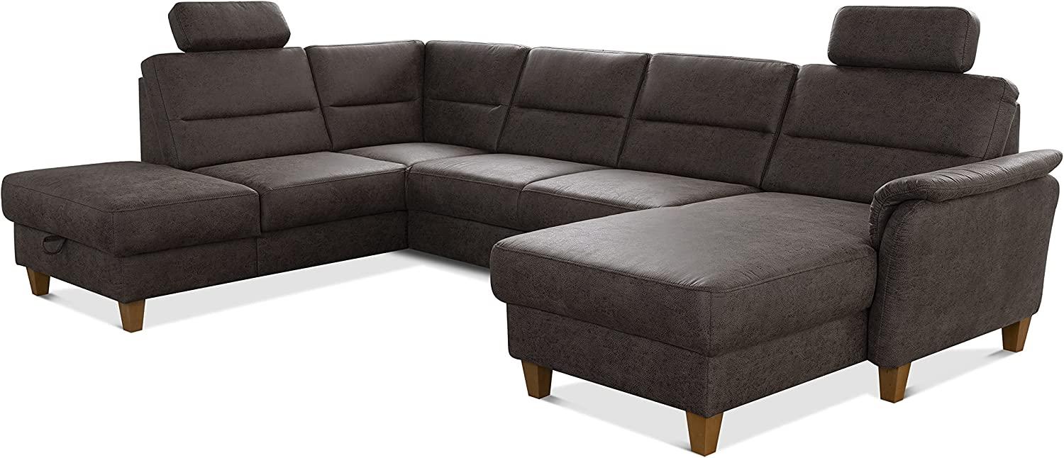 CAVADORE U-Form-Sofa Palera / Federkern-Wohnlandschaft mit Schlaffunktion, Stauraum und 2 Kopfstützen / 314 x 89 x 212 / Mikrofaser in Lederoptik, Braun Bild 1