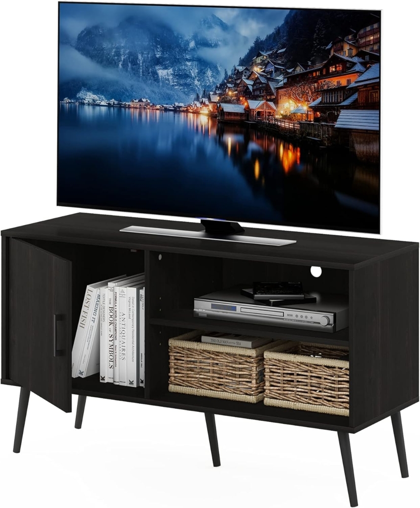 Furinno Claude TV-Ständer im Mid-Century-Stil mit Holzbeinen, einem Schrank und Zwei Regalen, Espresso Bild 1
