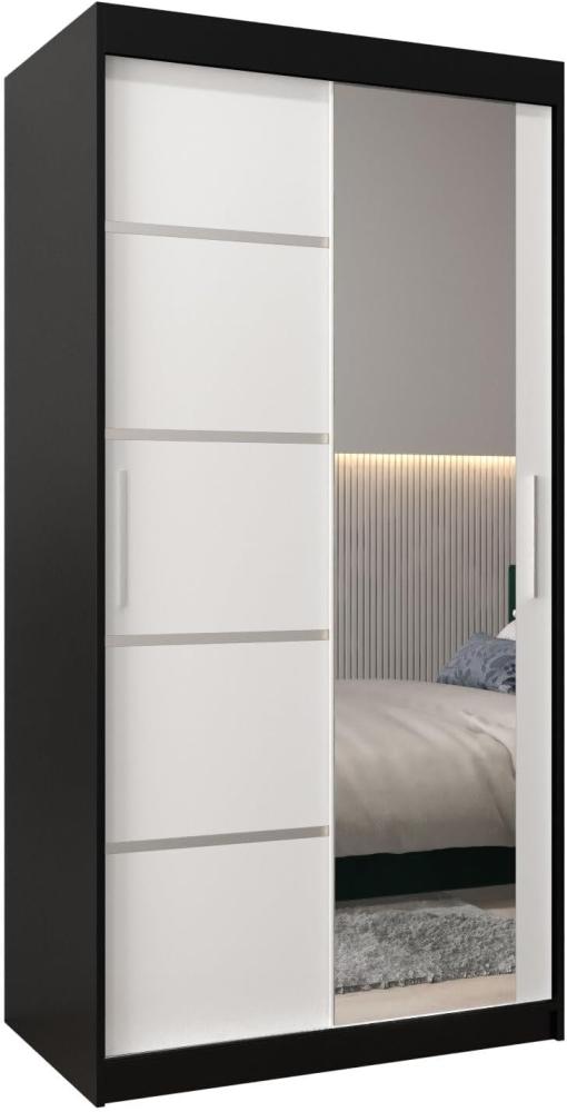 Schwebetürenschrank Verona 2-100 cm mit Spiegel Kleiderschrank mit Kleiderstange und Einlegeboden Schlafzimmer- Wohnzimmerschrank Schiebetüren Modern Design (Schwarz + Weiß) Bild 1