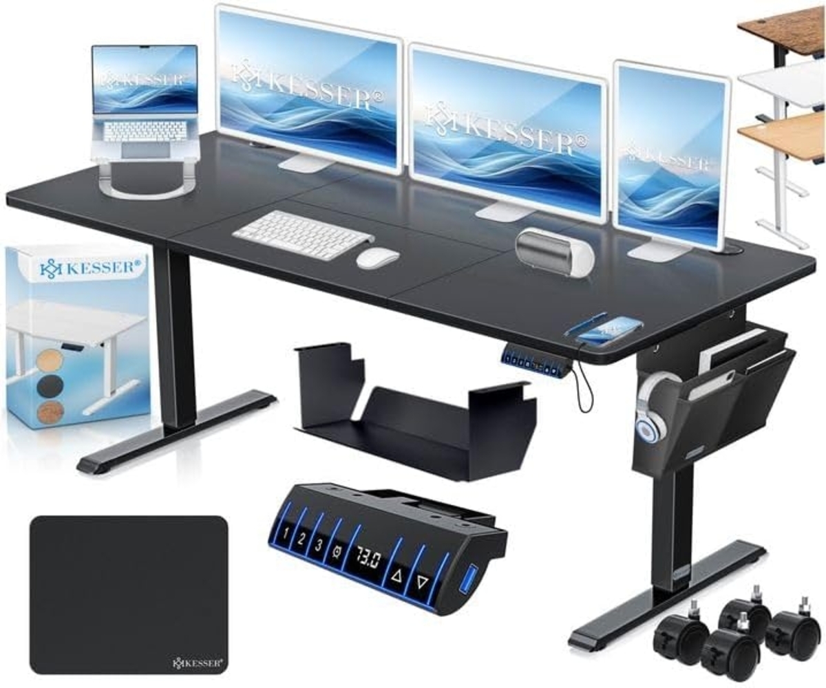 KESSER® Höhenverstellbarer Schreibtisch elektrisch | Ergonomisch Steh-Sitz Schreibtisch | 3-Funktions-Memory Steuerung | Inkl. 360° Rollen & USB-Ladeanschluss | Computertisch für Homeoffice Schwarz, 160 x 70 cm Bild 1