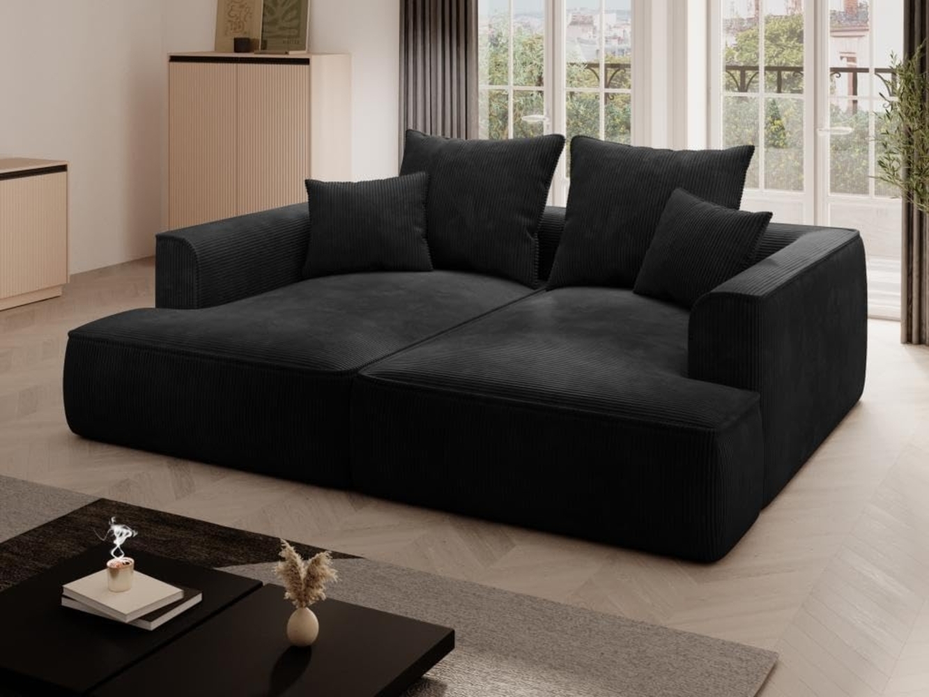 Vente-unique - Sofa 3-Sitzer - tiefe Komfortsitzfläche - Cord - Schwarz - PINETA Bild 1