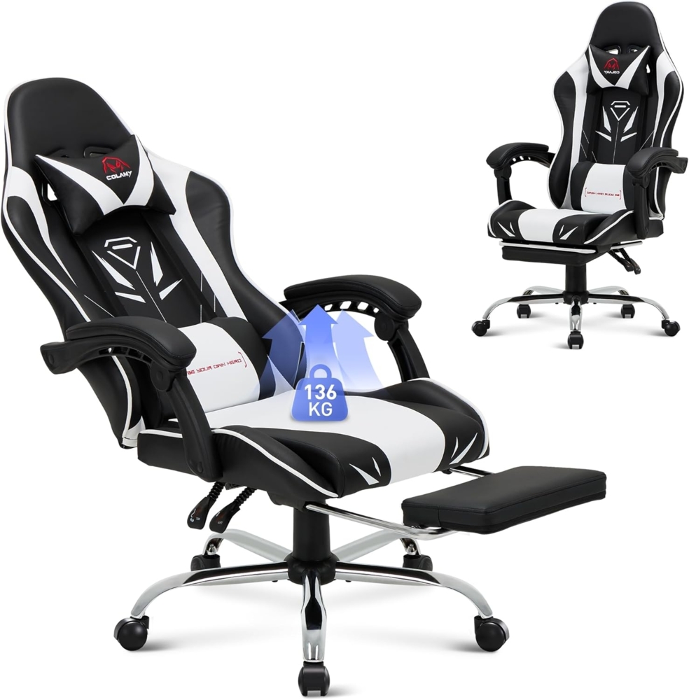 COLAMY Gaming Stuhl, Computer Stuhl mit Fußstütze und Lendenwirbelstütze, höhenverstellbarer Gaming Chair mit 360°-Drehsitz und Kopfstütze, Video Gamer PC Stuhl, Ergonomische hohe Rückenlehne, Weiß Bild 1