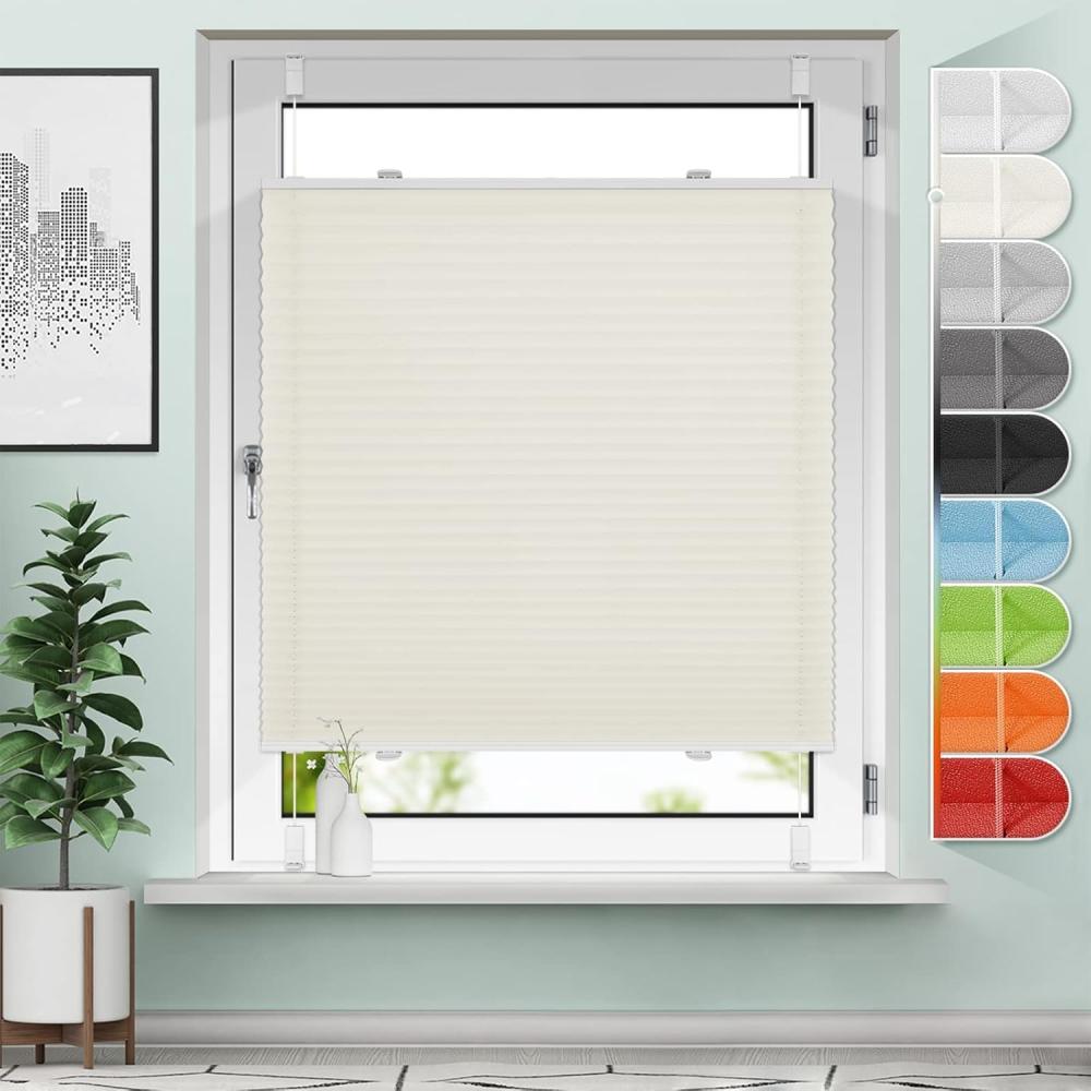 Sanfree Plissee Klemmfix Plisseerollo ohne Bohren Beige B55 x H80cm inkl. Klemmträger Blickdicht und lichtdurchlässig Jalousie Faltrollo Sichtschutz und Sonnenschutz Rollo für Fenster & Tür Bild 1