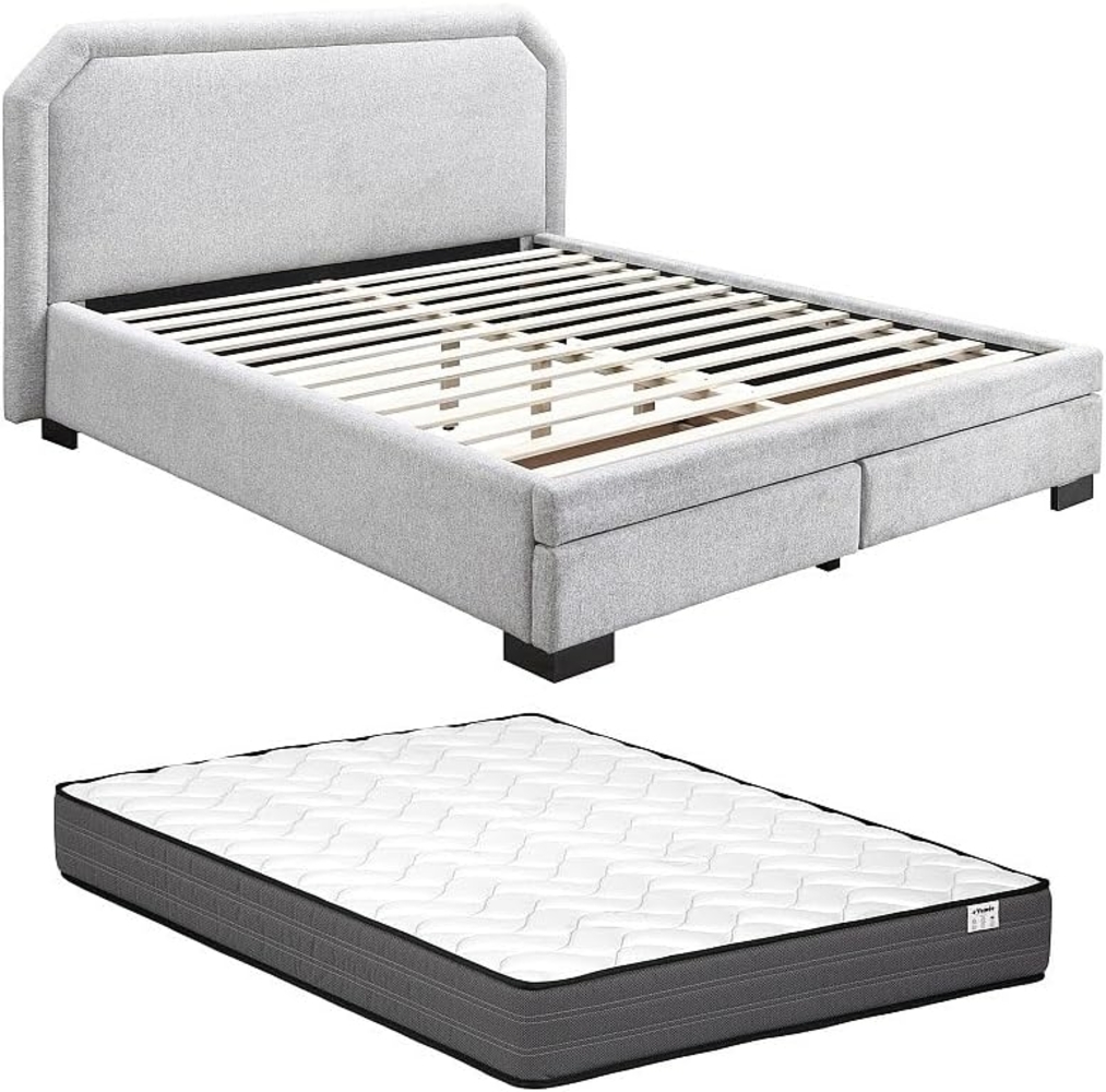 Vente-unique - Bett mit Schubladen + Matratze - 180 x 200 cm - Stoff - Hellgrau - INASTO Bild 1