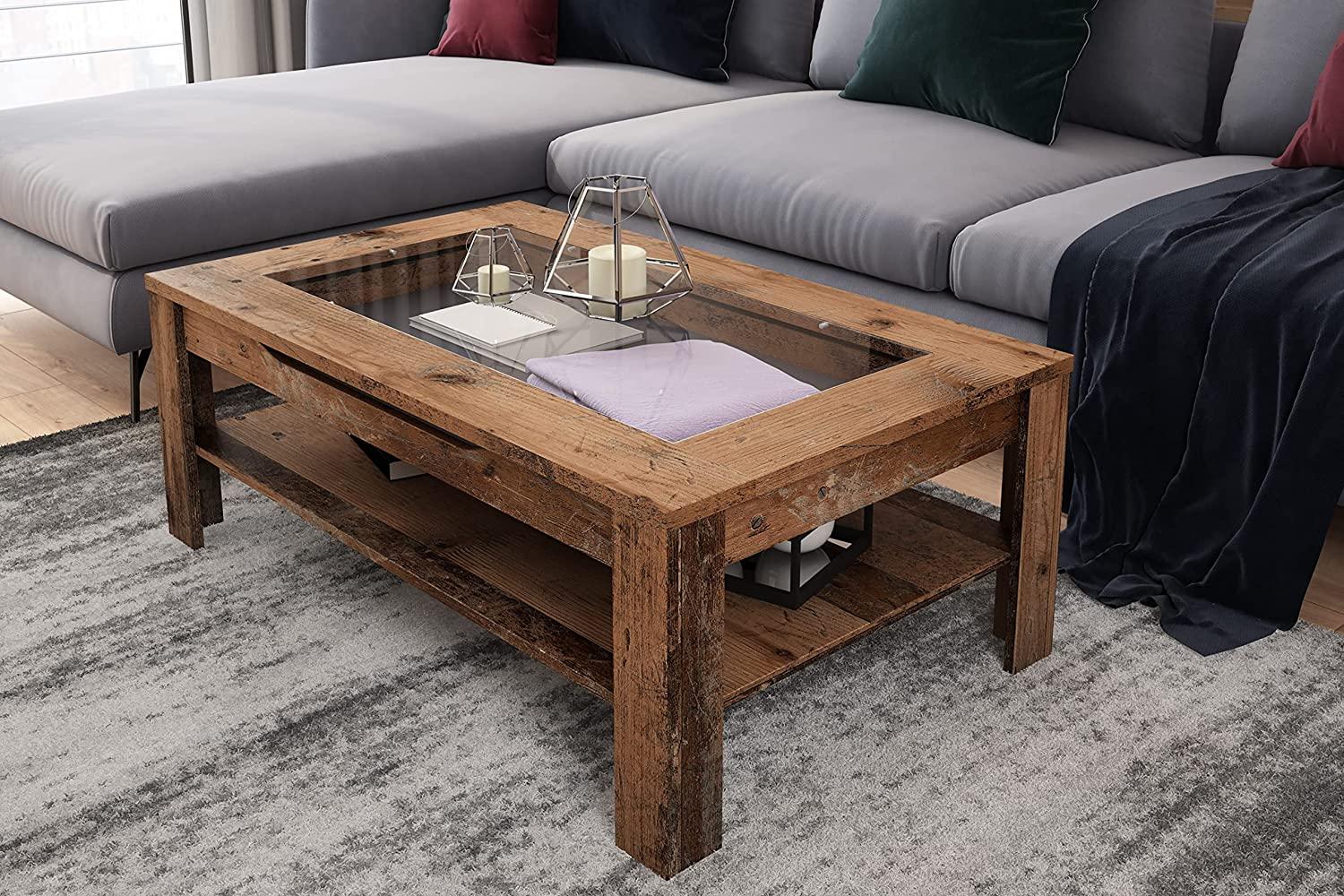 byLIVING Couchtisch RALPH / moderner Sofatisch mit Glaseinlage und großzügiger Schublade in Old Wood-Optik / Beistelltisch mit viel Stauraum / B 110, H 43, T 67 cm Bild 1