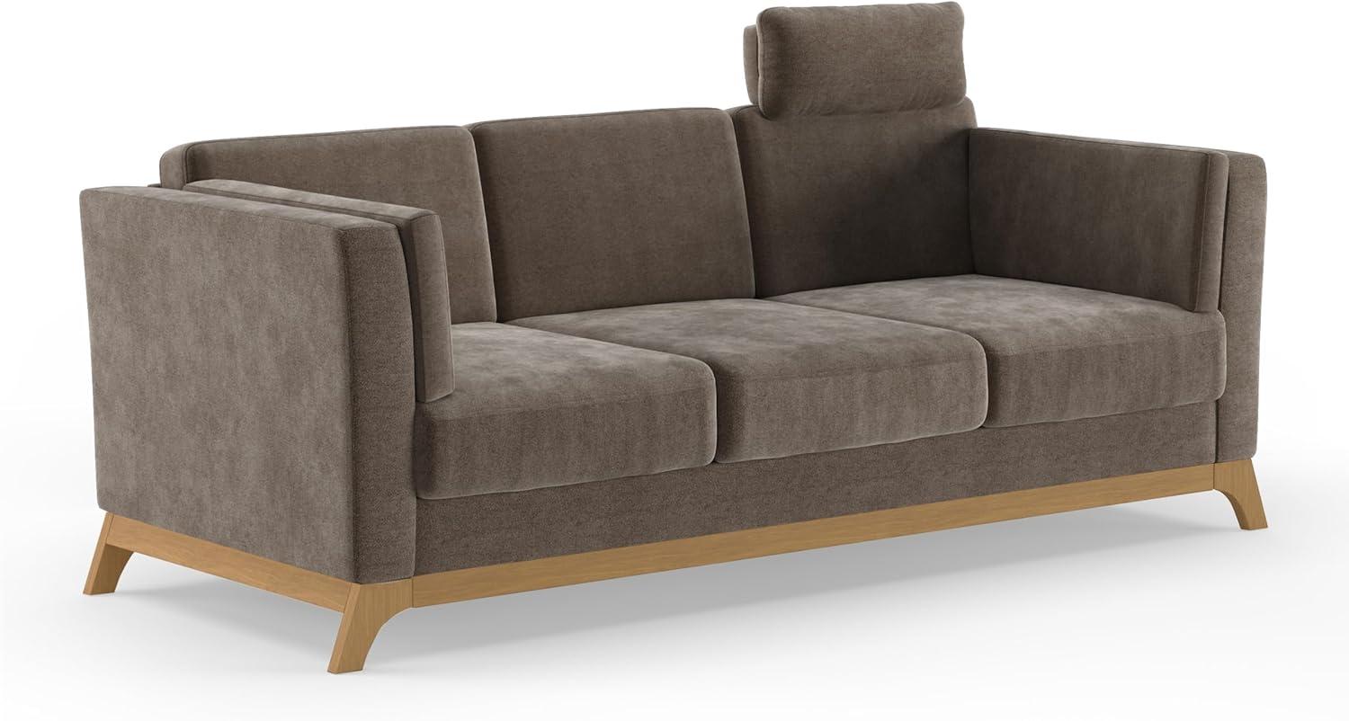 Cavadore 3er-Sofa Vida / 3-Sitzer Couch im trendigen Design mit massivem Holzrahmen in Eiche, Kopfstütze mit Kuschelkissen / 213 x 84 x 93 / Mikrofaser, Graubraun Bild 1