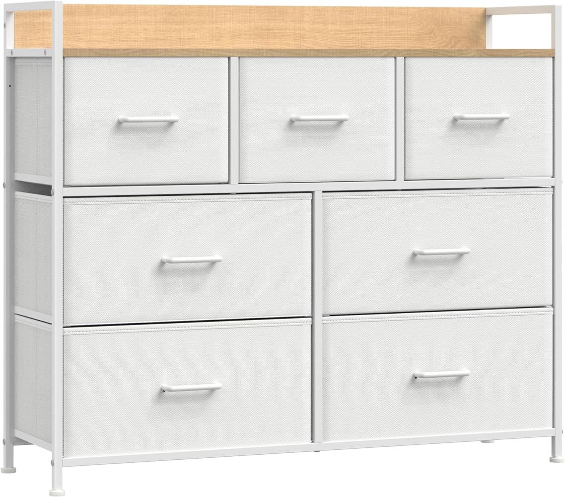 Songmics Kommode, Schrank, 7 Stoffschubladen mit Griffen, Metallgestell, Industrie-Design, wolkenweiß-eichenbeige Bild 1