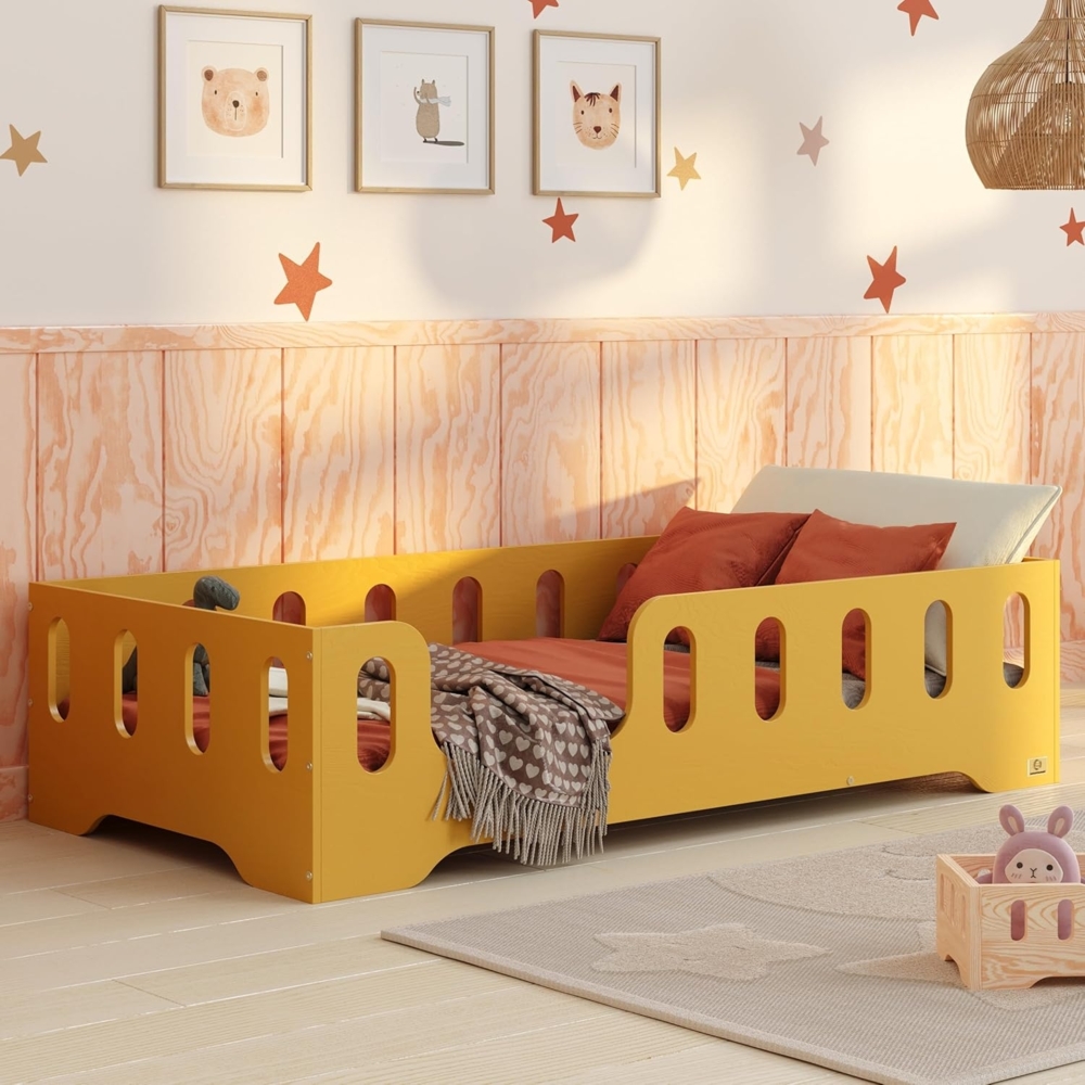 smartwood Kinderbett Bodenbett 90x180 mit Rausfallschutz & Lattenrost - Senfgelb - Kinder Montessori Bett TILA 2L mit glatten Kanten - Betten für schnelle Montage - Bis 230 kg belastbar Bild 1