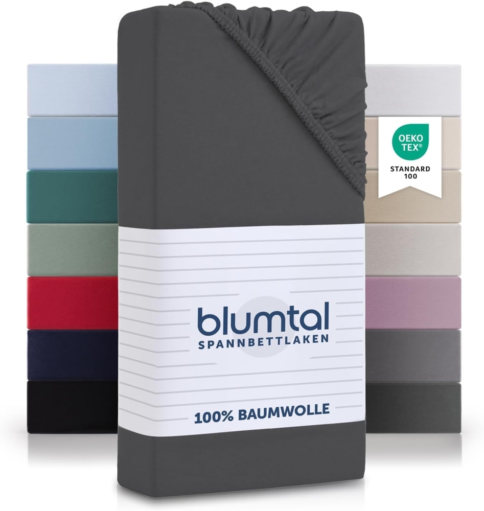 Blumtal® Spannbettlaken 135x190 cm Basics Jersey - Bettlaken 135x190 cm aus 100% Baumwolle - Oeko-TEX zertifiziertes Spannbetttuch 135x190 cm - Matratzenbezug 135x190 cm - Leintuch 135x190 cm - Anthrazit Bild 1