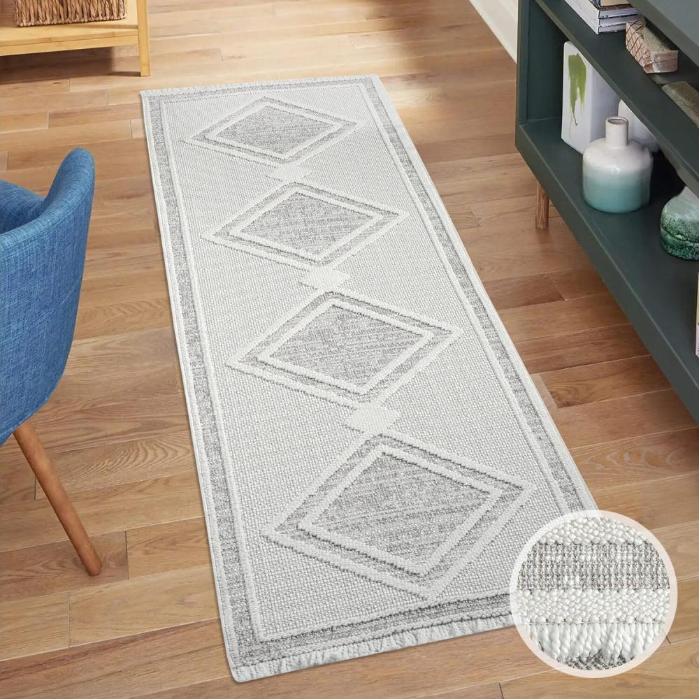 carpet city Teppich-Läufer Kurzflor Flur - Grau, Beige - 80x300 cm - Teppiche Fransen Boho-Style - Raute-Optik - Schlafzimmer, Wohnzimmer Bild 1