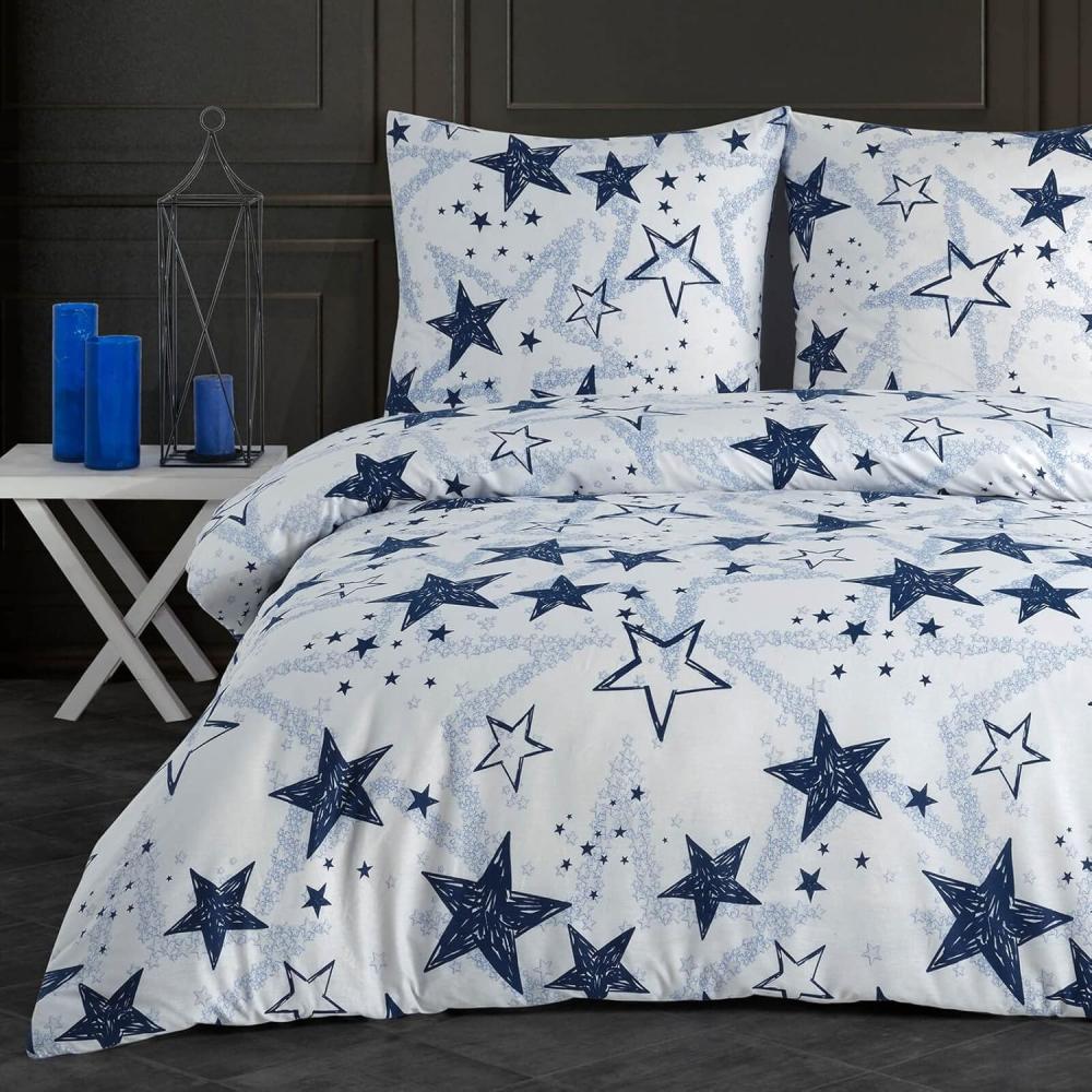 Buymax Bettwäsche, Renforcé: 100% Baumwolle, 2 teilig, Bettbezug-Set, 135x200 cm, mit Reißverschluss Sterne Stars Weiß Blau Bild 1