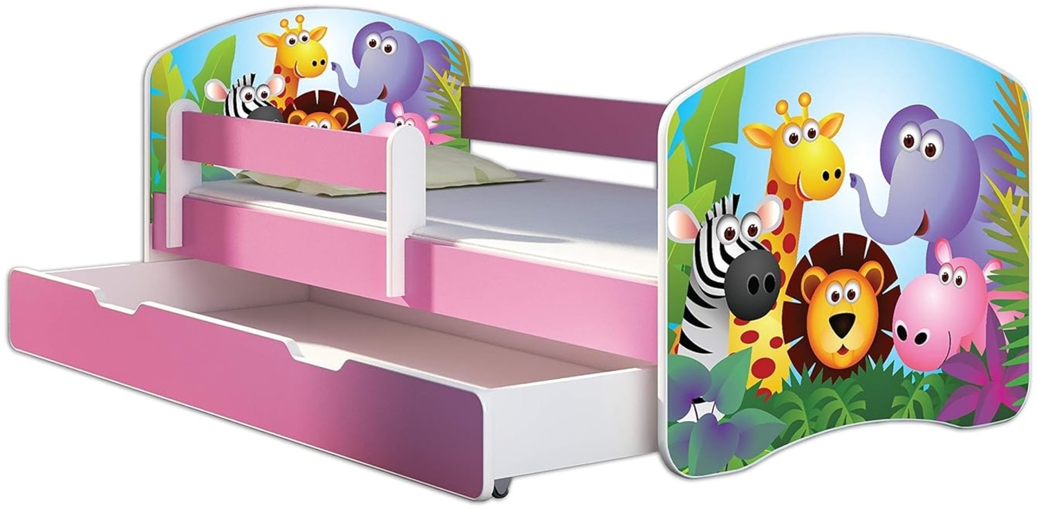 Kinderbett Jugendbett mit einer Schublade und Matratze Rausfallschutz Rosa 70x140 80x160 80x180 ACMA II (01 Zoo, 80x180 cm mit Bettkasten) Bild 1