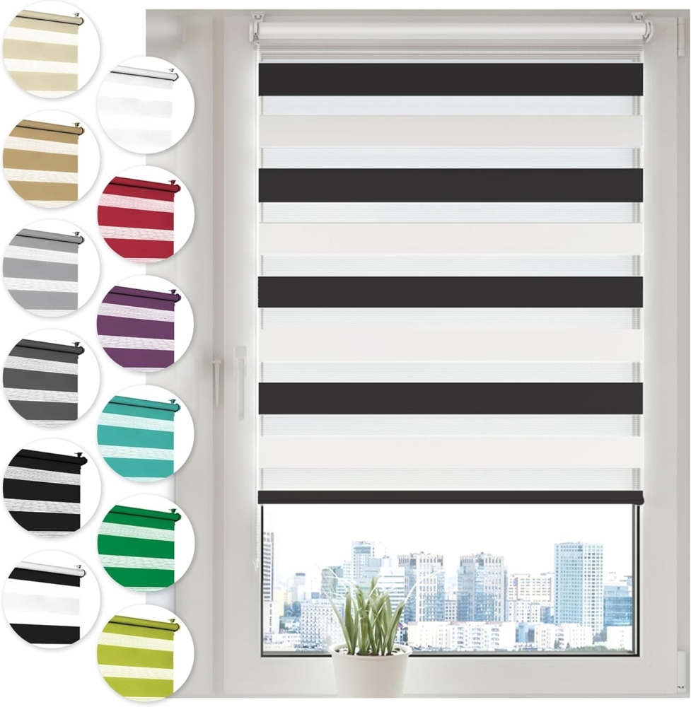 Doppelrollo Klemmfix ohne Bohren 110x150 cm Schwarz/Weiß Duo Rollo Klemmrollo Sonnenschutzrollo Fensterrollo für Fenster & Türen Zebrarollo Seitenzugrollo Bild 1