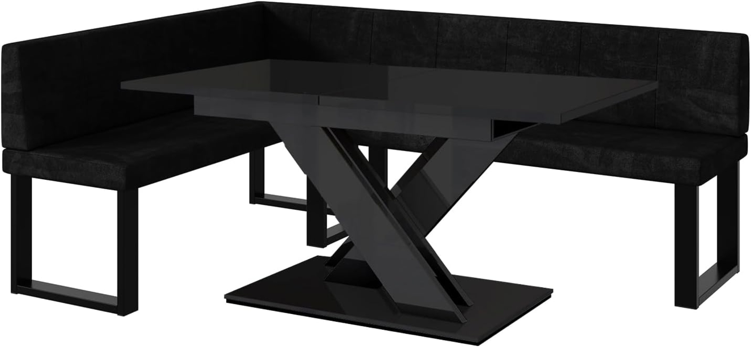 MEBLINI Eckbank für Esszimmer mit ausziehbarem Tisch - Küchenbank - Essecke - Sitzecke Küche - PETER - U-Beine 142x196x87cm Links - Schwarz Samt/B Schwarz Hochgl. Bild 1