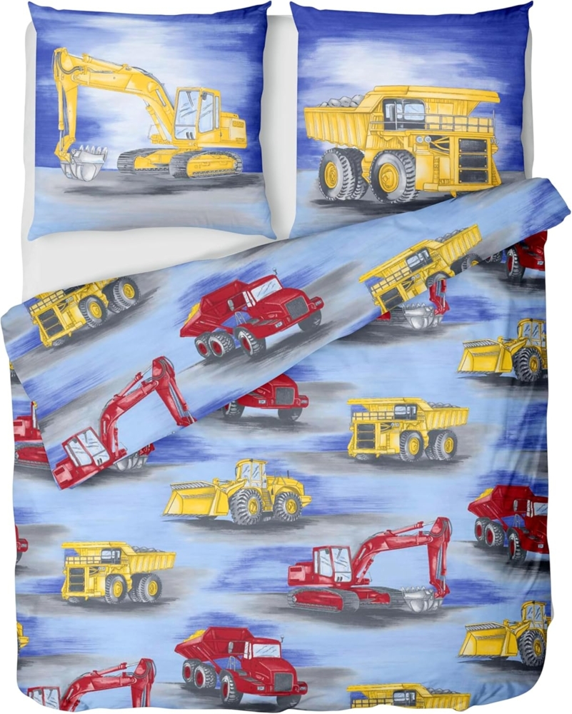 LINKHOFF Kinderbettwäsche Bagger Bettwäsche 135x200 2tlg. - Kinder Bettwäsche Junge, Bügelfrei, Atmungsaktiv, Renforce-Bettwäsche, 100% Baumwolle Bild 1