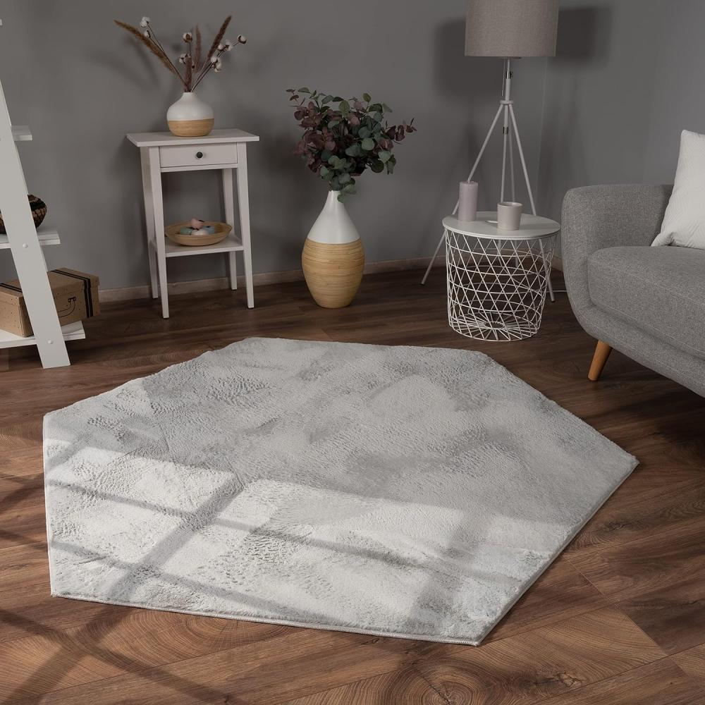 Paco Home Hochflor Teppich Wohnzimmer Flauschig Fellteppich Kunstfell Plüsch Shaggy Weich Fellimitat, Grösse:150x170 cm Sechseckig, Farbe:Grau Bild 1