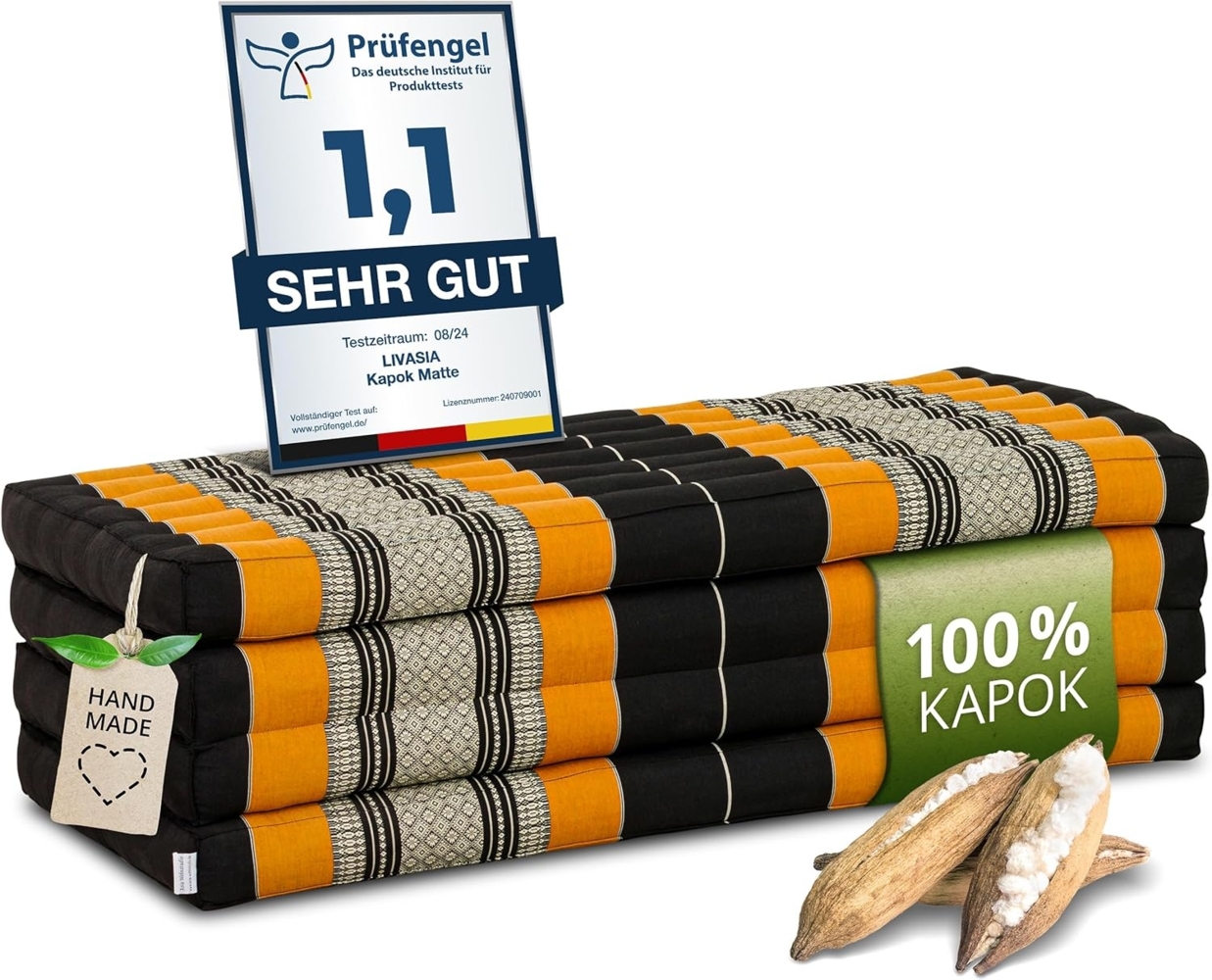 Nachhaltige Klappmatratze aus Kapok, breite Gästematratze vierteilig, Faltbare Matratze, ökologische Yogamatte, klappbares Gästebett, Liege für Garten und Balkon 200 x 110 x 8 cm (Schwarz/Orange) Bild 1