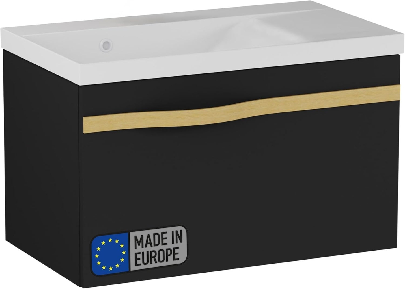 BADEDU FILS Waschbecken mit Unterschrank 69 cm breit, Schwarz, Waschbecken Gussmarmor Weiß, Griff Gold Bild 1