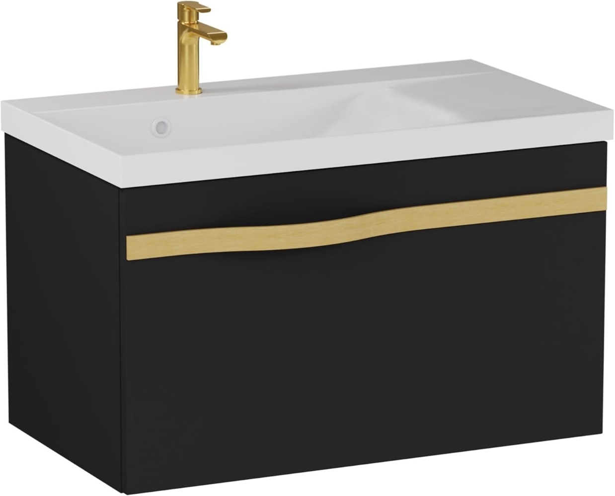 BADEDU FILS Waschbecken mit Unterschrank 69 cm breit, Schwarz, Waschbecken Gussmarmor Weiß, Griff Gold Bild 1