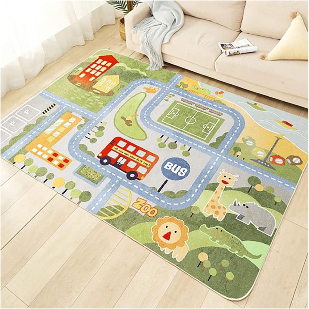 TYKTZXY Kinderteppich Spielen Teppich Straße Auto Tier Universum Blau Grün Grau(80×120cm,31×47inch) Bild 1