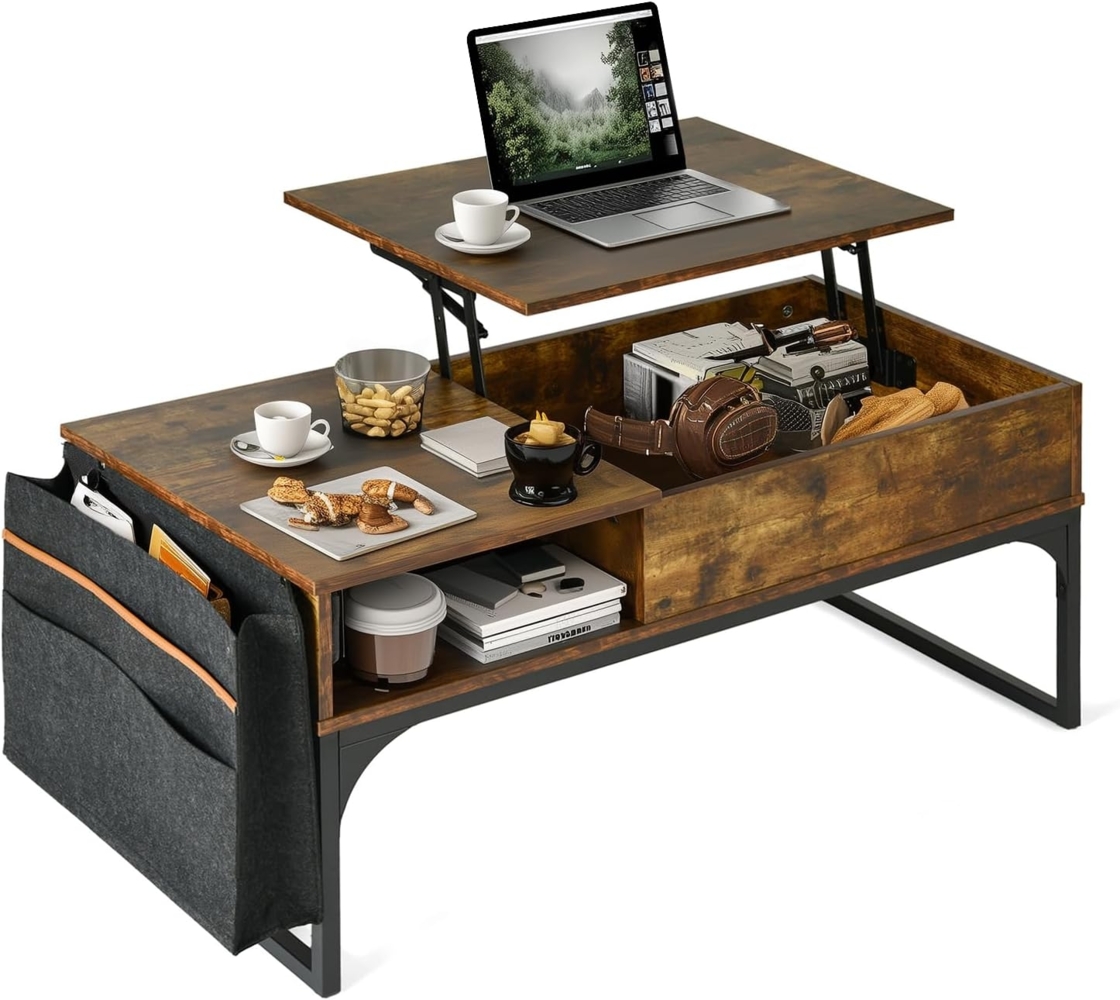MEUBLE COSY Couchtisch höhenverstellbarer Wohnzimmertisch Kaffeetisch Ausziehbarer Sofatisch mit Offener und Versteckter Fach Stoff-Organizer, Stahlgestell, Braun, 100 x 50 x 45 cm Bild 1