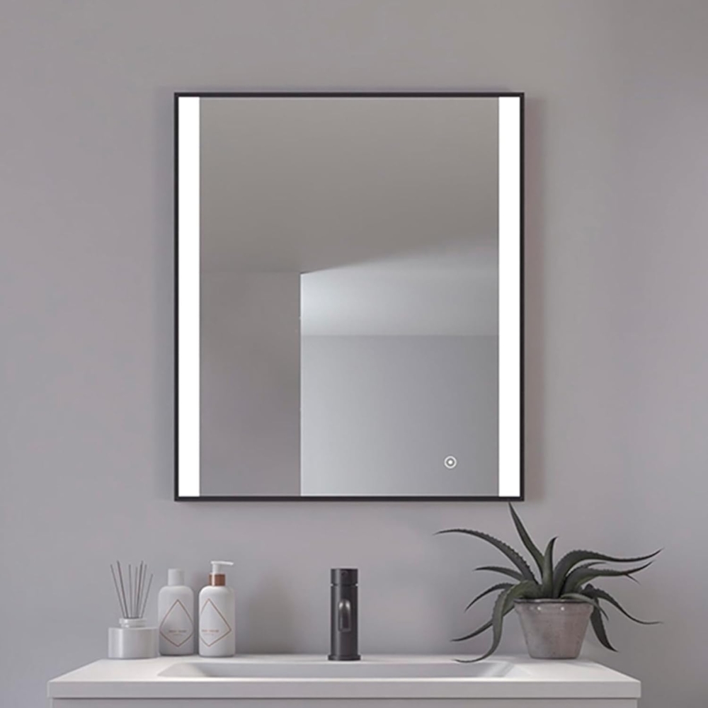 Loevschall Libra Modernes Badspiegel mit Beleuchtung, 60x70 cm, Quadratischer Spiegel, Smart Mirror mit Touch-Schalter, Schwarzer Rahmen, Badezimmer Spiegel mit 5 cm LED Lichtfield, Helligkeit Dimmbar Bild 1