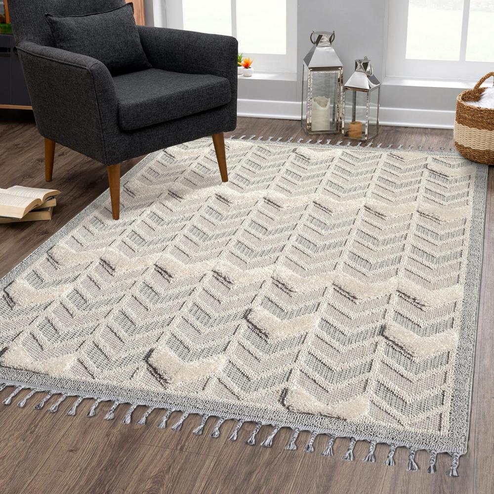 Teppich Boho Wohnzimmer - Creme, Graublau - 140x200 cm - Geometrisches Muster - Relief-Optik, 3D-Effekt - Cut-&Loop, Sisal - Moderne Fransen-Teppiche Schlafzimmer Bild 1