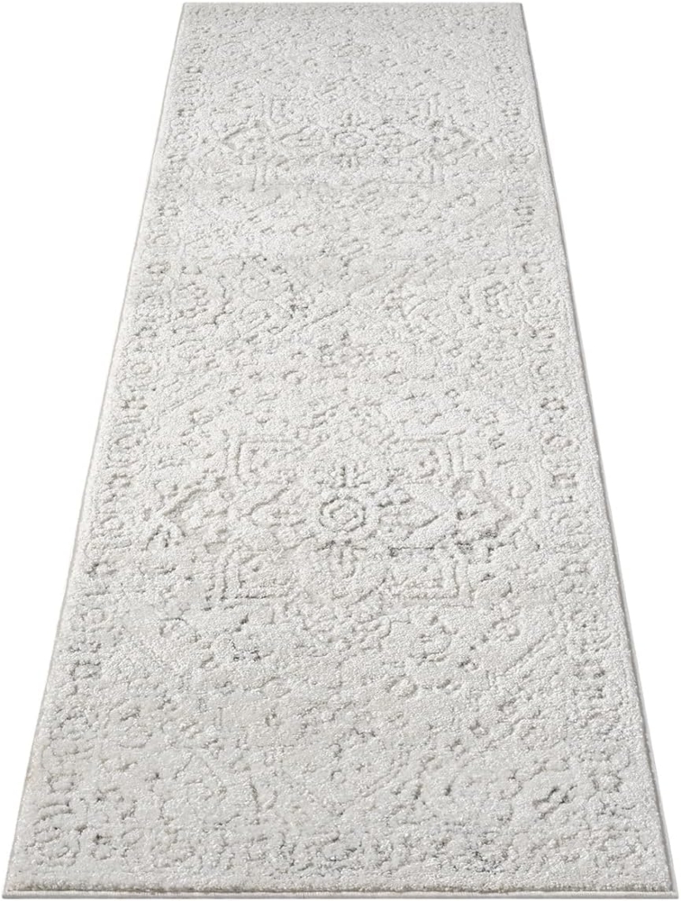 Teppich Läufer - 80x300cm Creme Bodenbelag Hochtief Struktur Flachflor - Ornamte Muster Boho Design Wohnteppich Bild 1