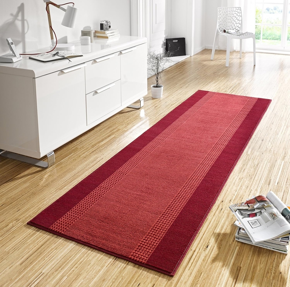 Kurzflor Teppich Läufer Band Rot - 80x350x0,9cm Bild 1