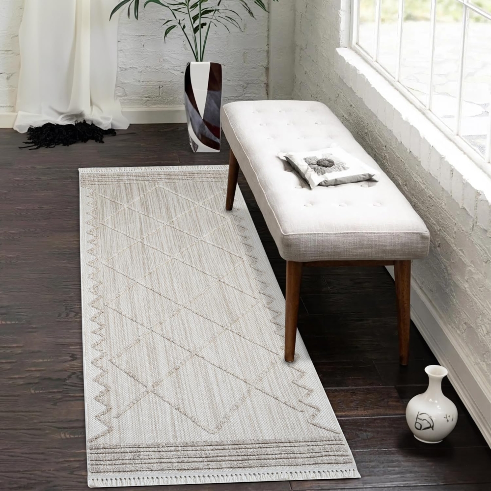 Teppich Läufer - 80x150 cm - Beige - Geometrische Raute Meliert Muster - Boho Frasen Teppiche - Wohnteppich Deko Bild 1