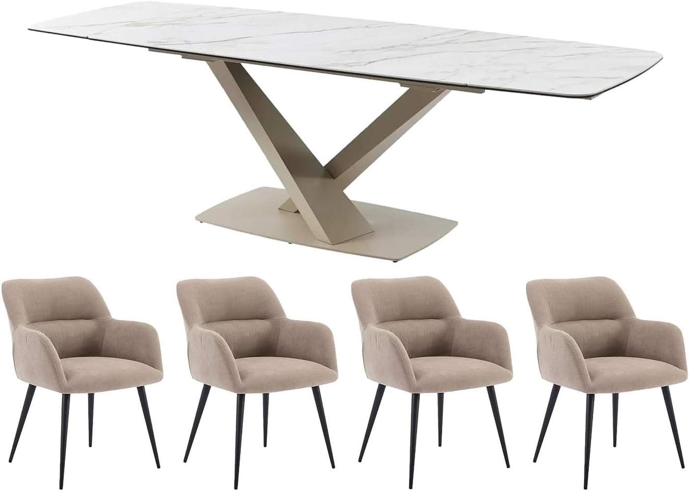 Vente-unique - Set Tisch MALATA + 4 Stühle HEKA - Marmor-Optik - Weiß & Beige Bild 1