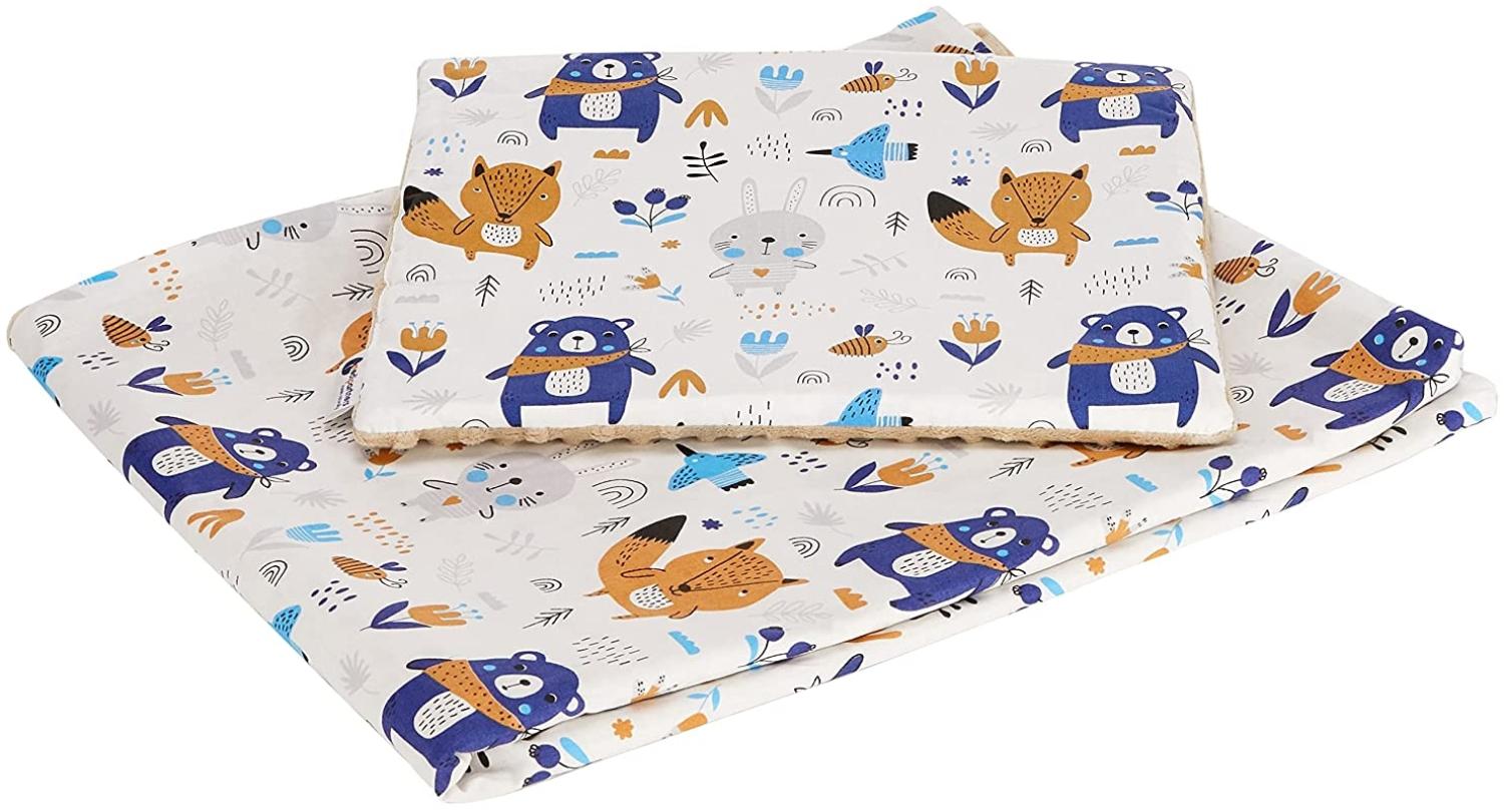 Medi Partners Babydecke Krabbeldecke mit Kissen 100% Baumwolle Minky Kinderdecke groß zweiseitig 75x100 + 35x30 cm multifunktional für Bett Kinderwagen (Boho Animals mit beige Minky) Bild 1