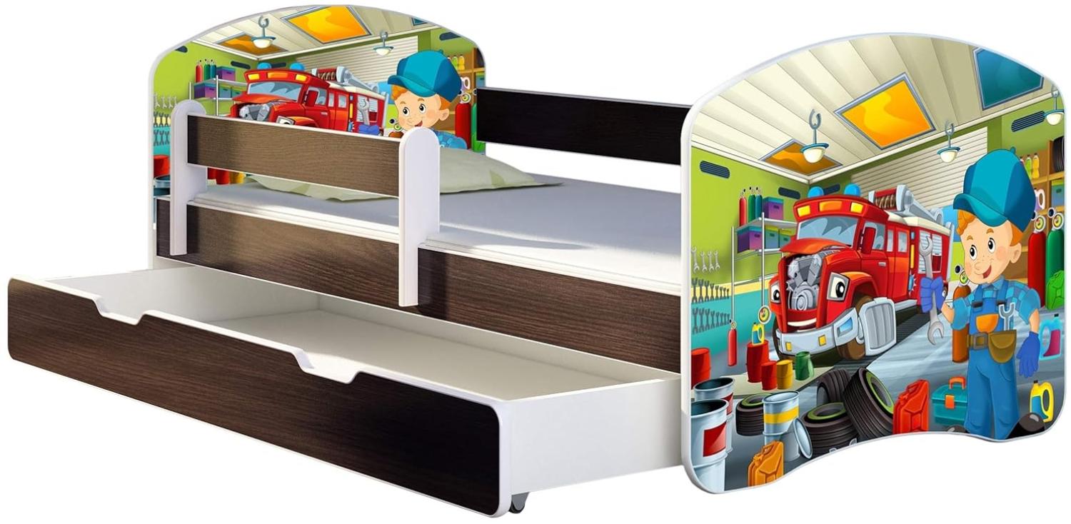 ACMA Kinderbett Jugendbett mit Einer Schublade und Matratze Wenge mit Rausfallschutz Lattenrost II 140x70 160x80 180x80 (45 Mechaniker, 140x70 + Bettkasten) Bild 1