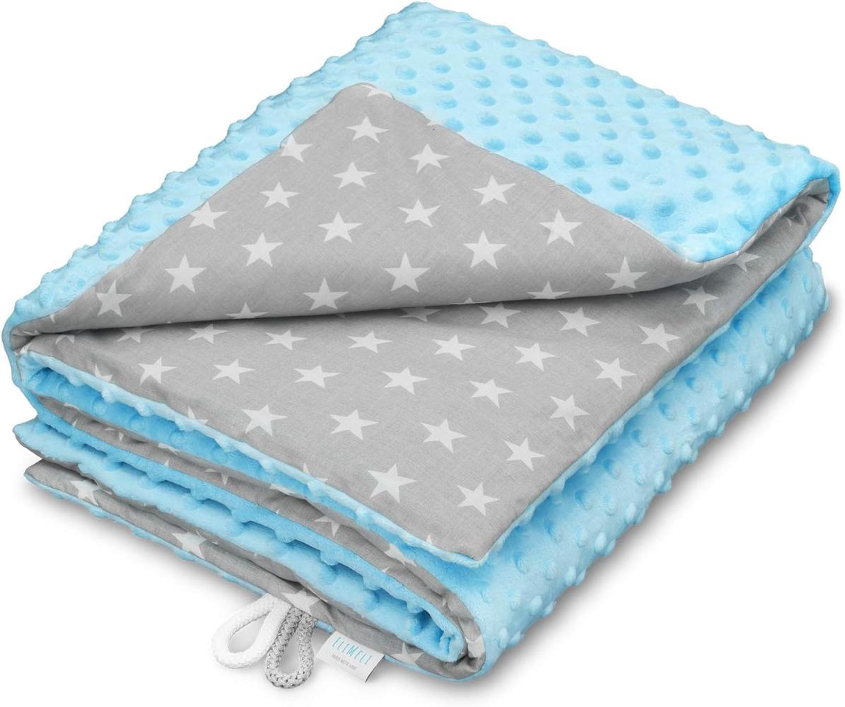 EliMeli Minky Babydecke Kuscheldecke Krabbeldecke | super weichem Minky Dots Polar Fleece | Baumwolle | Füllung | 75x100 hoch Qualität (Blue - White Stars) Bild 1