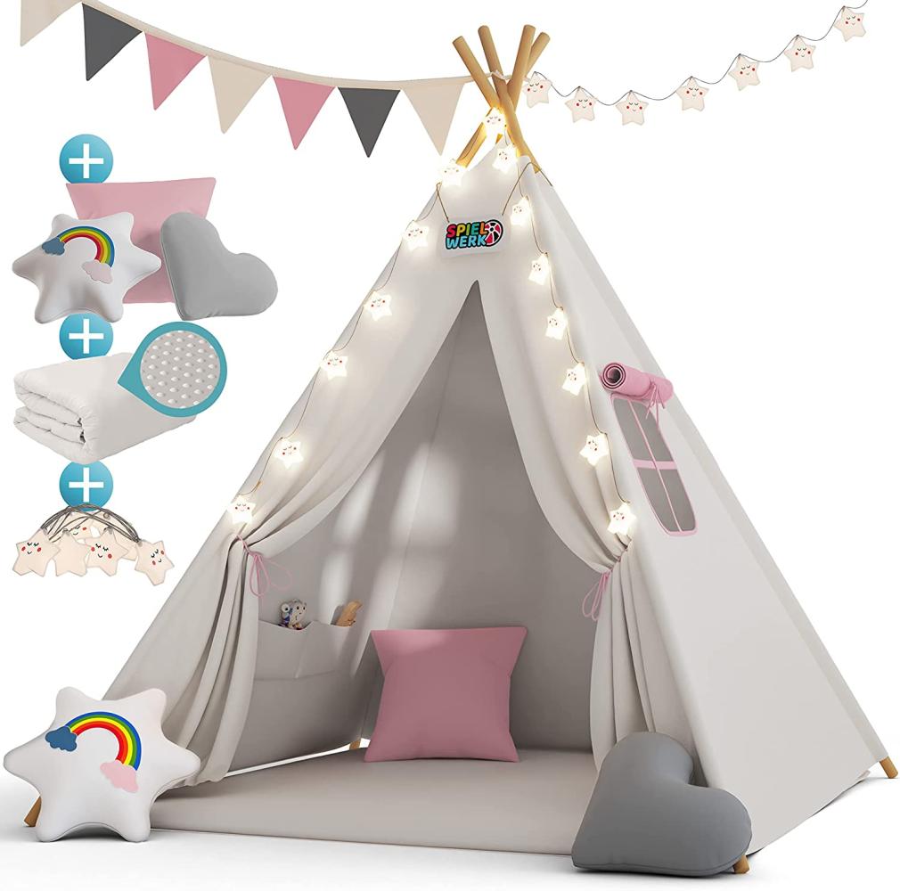 Spielwerk Kindertipi mit Lichterkette, Bodenmatte und Kissen, beige, 120 x 120 x 160 cm Bild 1