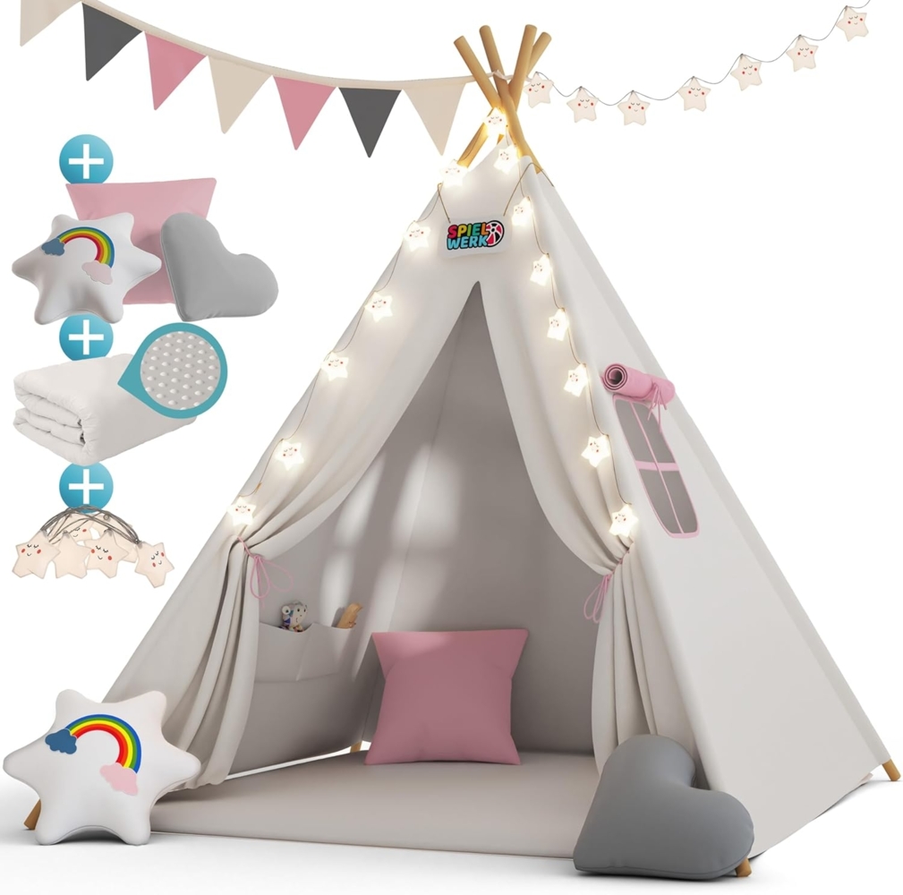 Spielwerk Kindertipi mit Lichterkette, Bodenmatte und Kissen, beige, 120 x 120 x 160 cm Bild 1