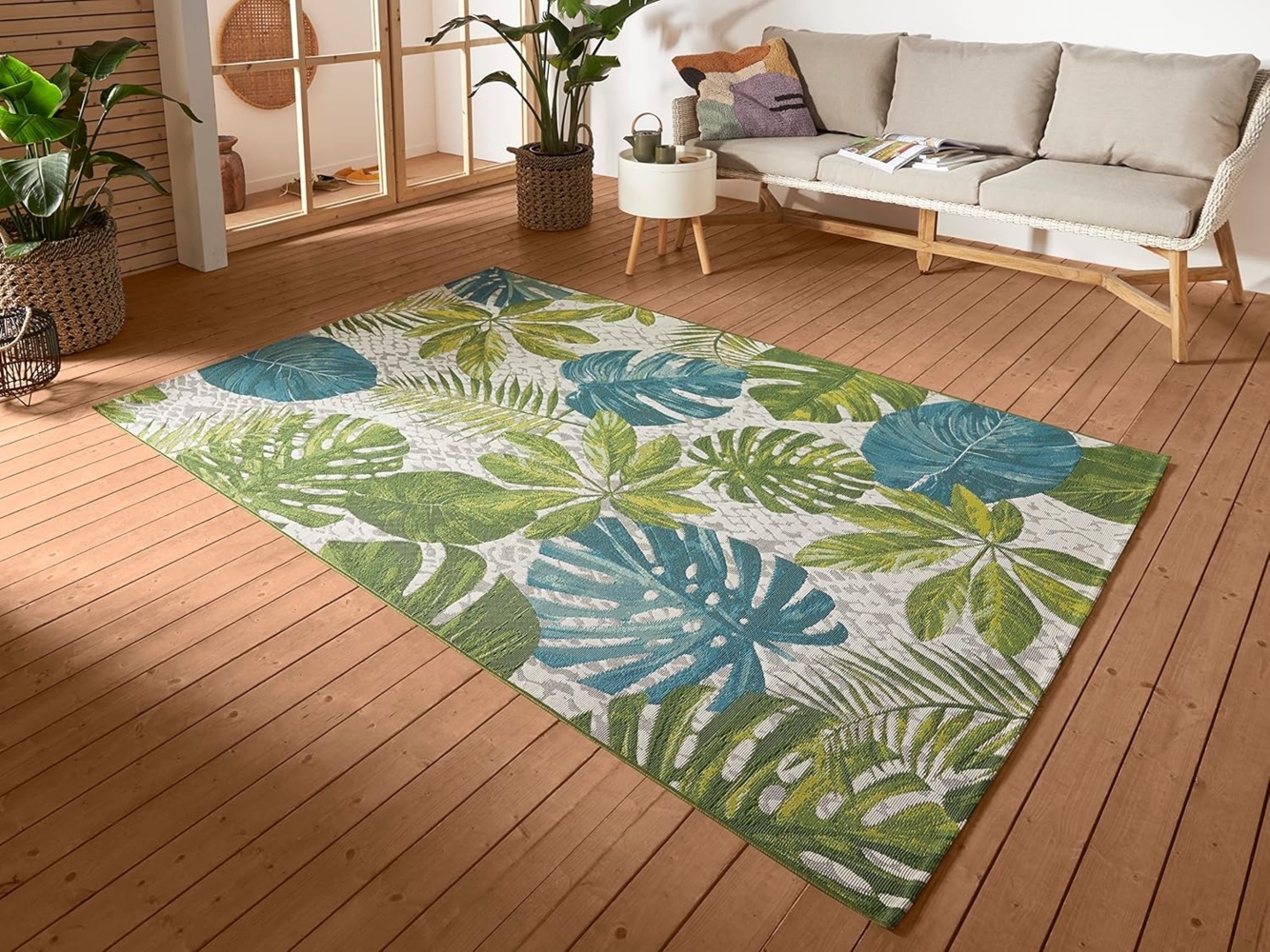 Hanse Home Tropical Leaves In- & Outdoor Teppich – Flachgewebe Aussenteppich, Jungel Palmen Blätter Design, ÖKO-TEX Wetterfest & UV-beständig für Balkon, Terrasse, Garten – Türkis Grün, 120x180 cm Bild 1