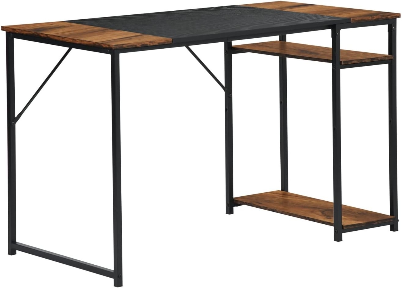 FurnitureR Schreibtisch mit Regal, 120×60×74 cm Arbeitstisch mit 2 Ablagen, Industrieller Computertisch aus Holz und Metall für Home Office, Wohnzimmer oder Arbeitszimmer, Schwarz-braune+Braune Regal Bild 1