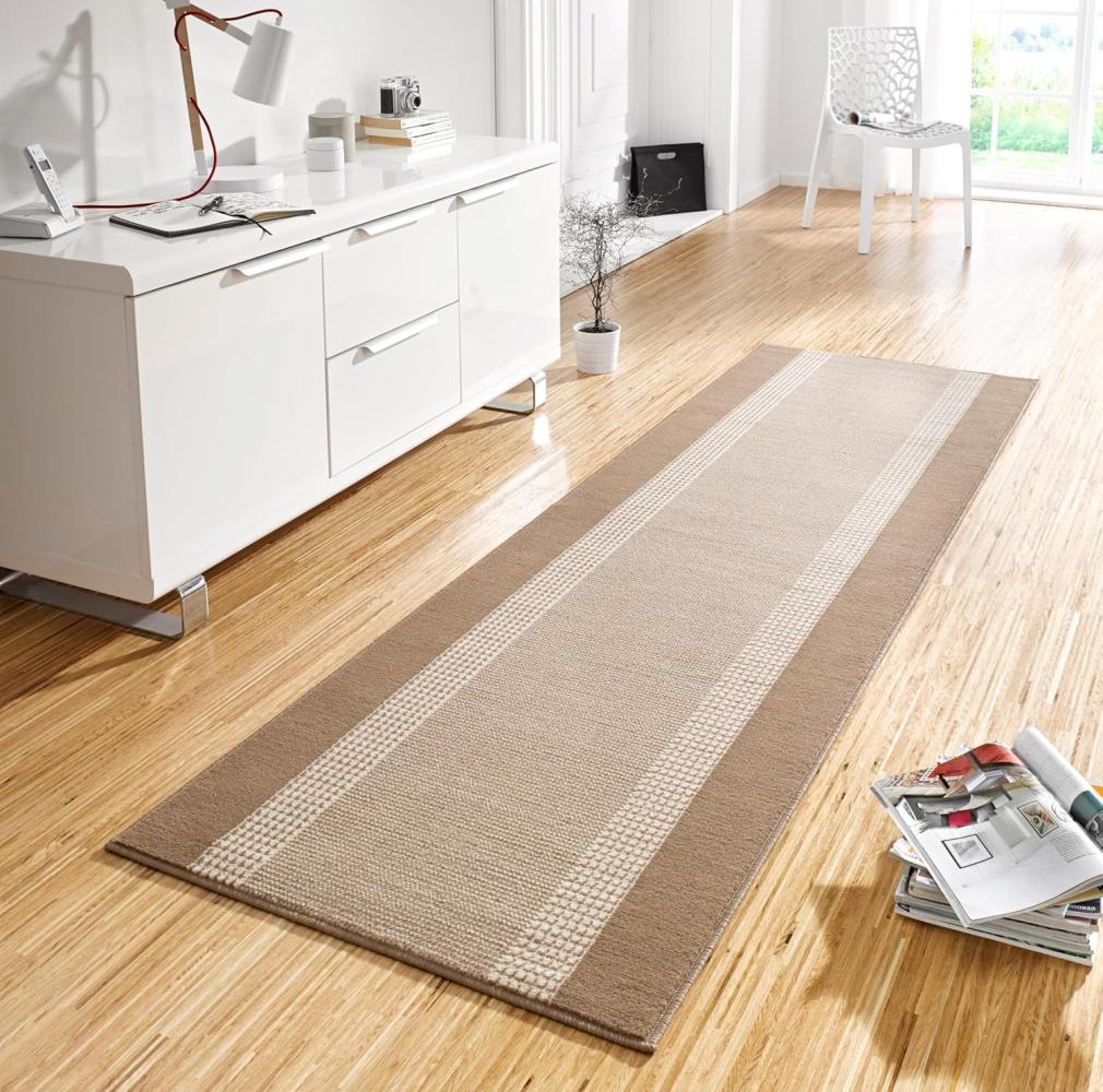 Kurzflor Teppich Läufer Band Creme Beige - 80x500x0,9cm Bild 1