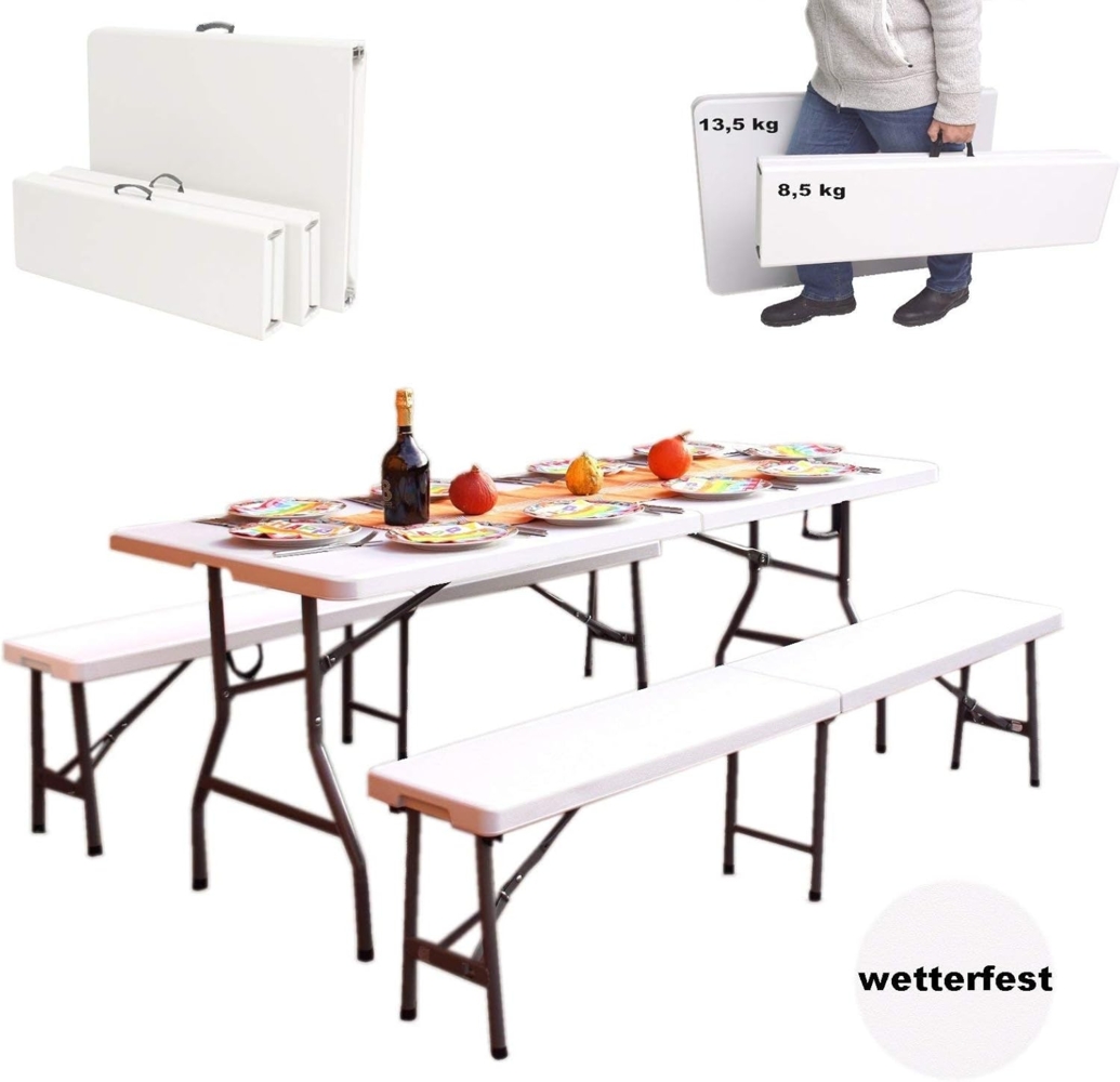 Bierzeltgarnitur 3 teilig weiß Festzeltgarnitur 180x75cm klappbar Gartenmöbelset 2 Bierbänke 1Tisch Bild 1
