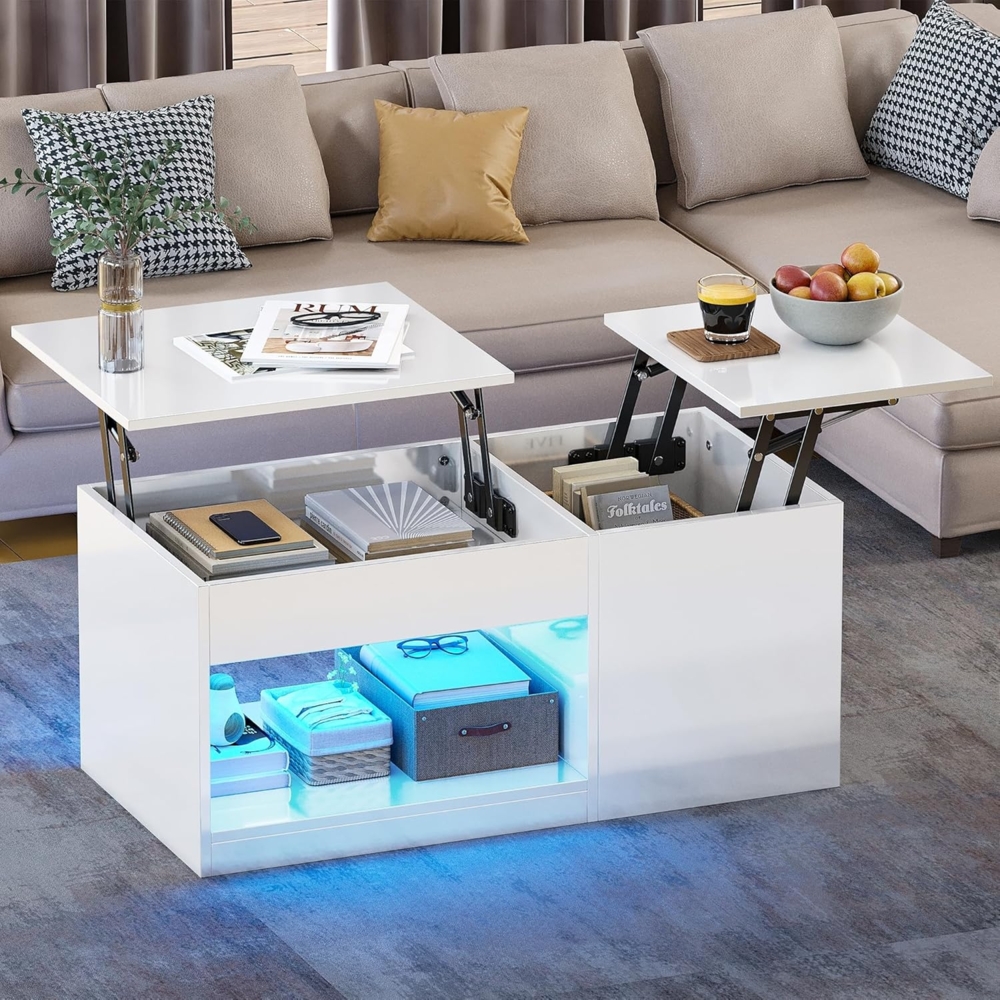 YITAHOME Couchtisch Höhenverstellbar, Couchtisch Hochglanz mit Hebeplatte, Wohnzimmertisch mit verstecktem Ablagefach und LED Beleuchtung Modern, Beistelltisch mit Stauraum für Home Office Bild 1