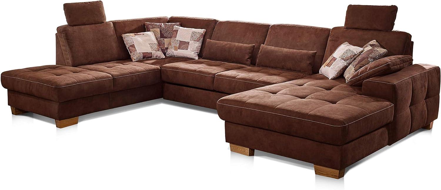 CAVADORE Wohnlandschaft Puccino mit Federkern, Schlaffunktion, verstellbarer Rückenlehne und 2 Kopfstützen / Sofalandschaft in U-Form im Landhaus-Design / 340 x 86 x 224 cm / Mikrofaser braun Bild 1