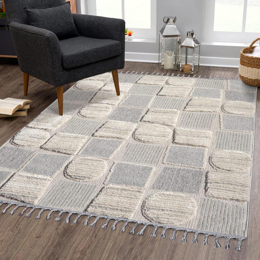 carpet city Teppich Boho Wohnzimmer - Creme - 120x170 cm - Patchwork-Muster - Relief-Optik, 3D-Effekt - Cut-&Loop, Sisal - Moderne Fransen-Teppiche Schlafzimmer Bild 1