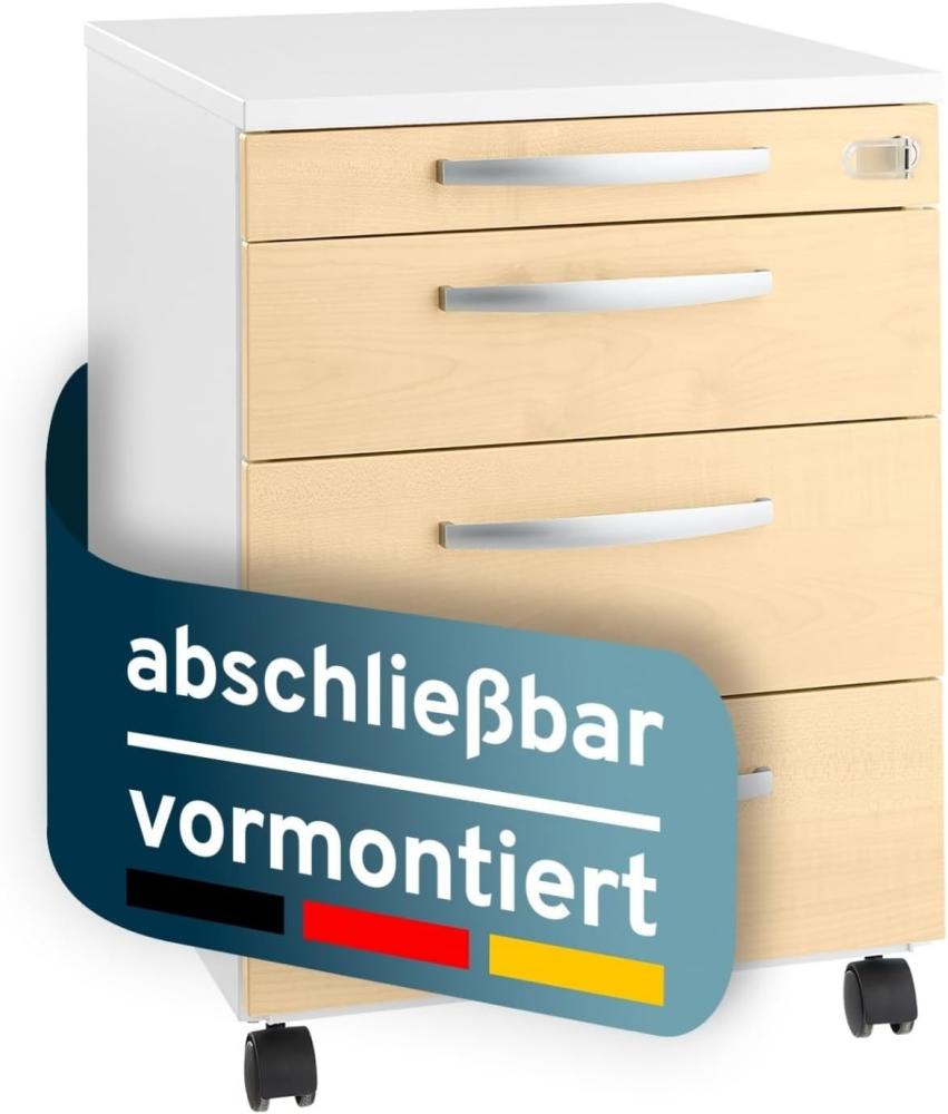 SCHÄFER SHOP Select Rollcontainer LOGIN, Bürocontainer mit 3 Schüben und 1 Untensilienauszug, vormontiert und abschließbar, B 432 x T 580 x H 595 mm, weiß/ahorn Schubladenschrank - 107637 Bild 1