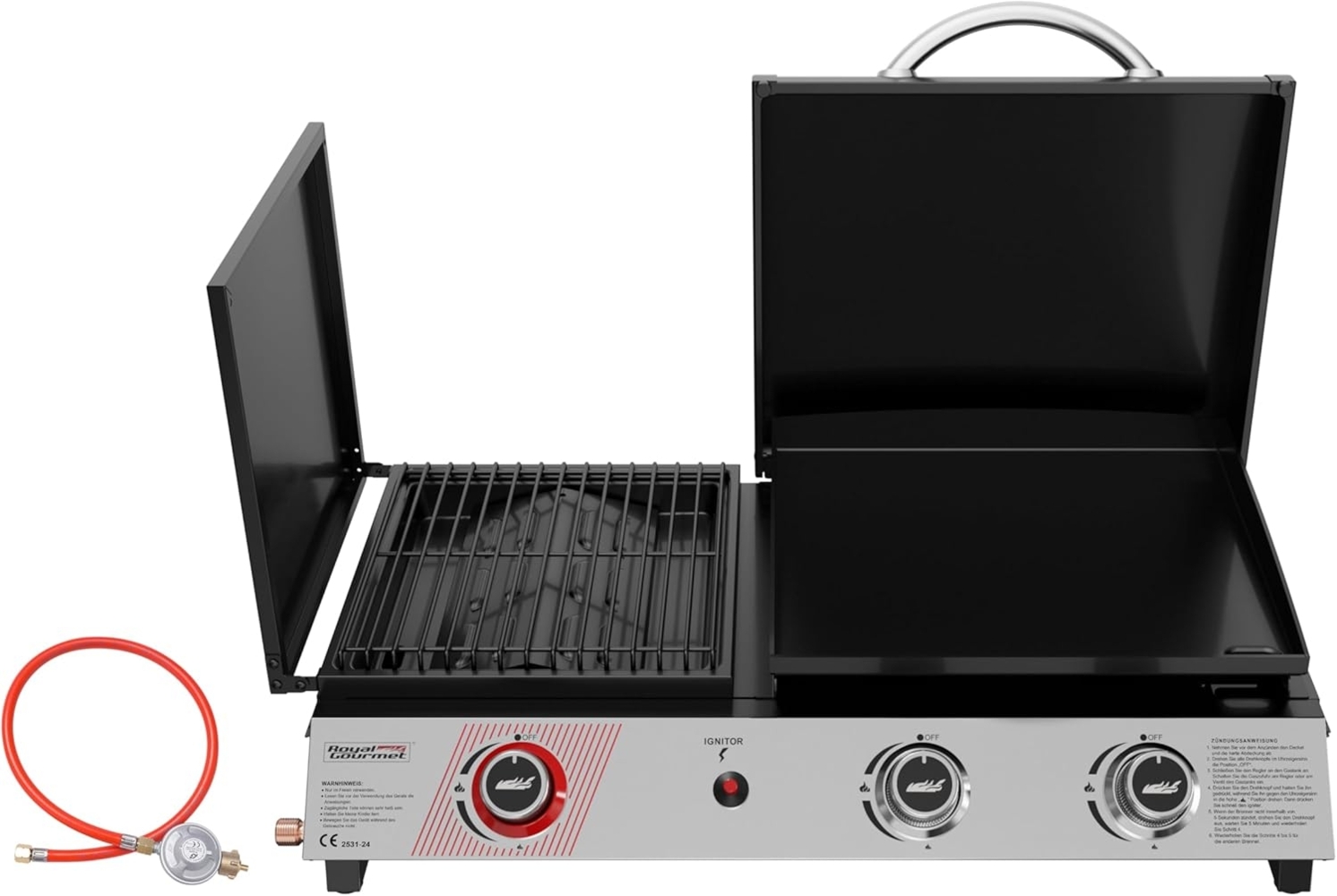 Royal Gourmet 3 Brenner Gasgrill, 3 in 1 Tischgrill mit Grillen, Braten, Kochen, Campinggrill mit Klappbare Seitenablage, Tragbarer Picknickgrill mit 8,5 kW Schwarz Bild 1