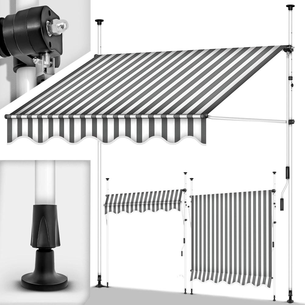 tillvex Klemmmarkise 300cm Grau-Weiß mit Handkurbel Balkon | Balkonmarkise ohne Bohren | Markise UV-beständig & höhenverstellbar | Sonnenschutz wasserdicht Bild 1