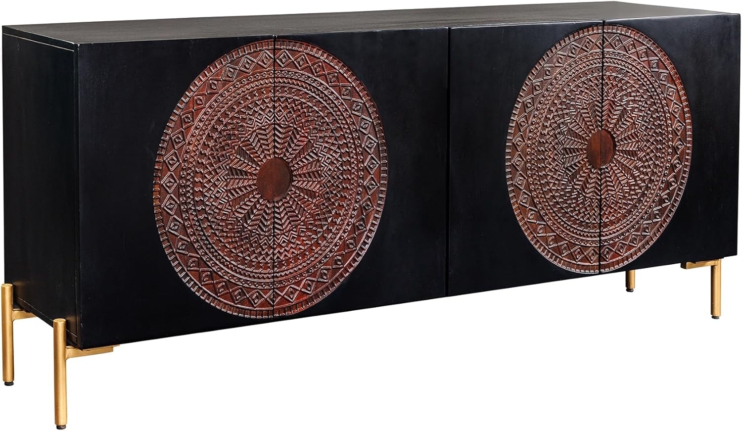 riess-ambiente Sideboard MANDALA 160cm schwarz / gold · Massivholz-Kommode mit 3D Schnitzereien (Einzelartikel, 1 St), Metall-Füße · Anrichte mit 4 Türen und 4 Fächern · Wohnzimmer · Design Bild 1