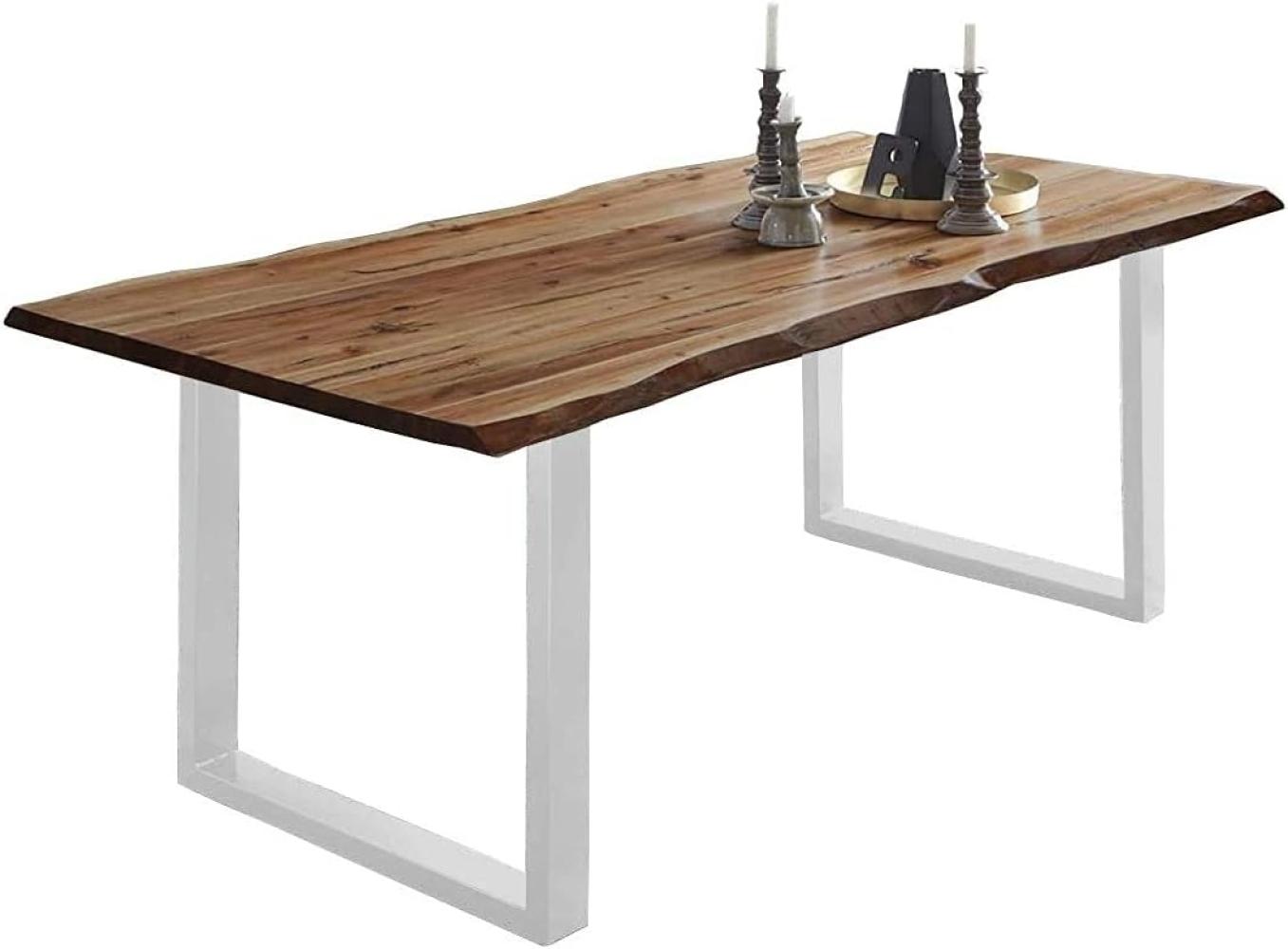 SAM Baumkantentisch 180x90 cm Mephisto, Akazienholz massiv + nussbaumfarben lackiert, Esstisch mit weiß lackiertem U-Gestell, Esszimmertisch/Holztisch, Tischplatte 26 mm, FSC® 100% Zertifiziert Bild 1