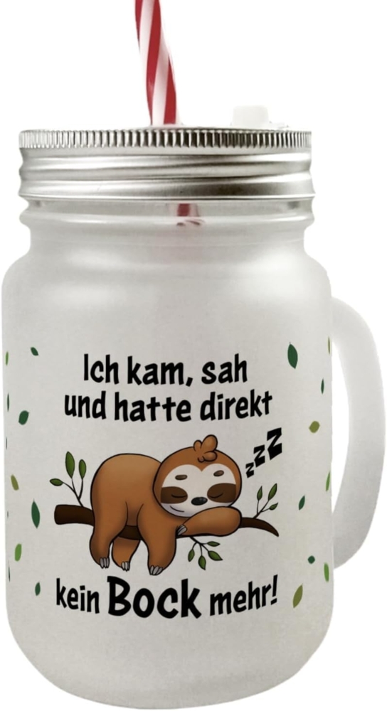 speecheese Glas Faultier Mason Jar Henkel Trinkglas mit Deckel Spruch Ich kam sah und Bild 1