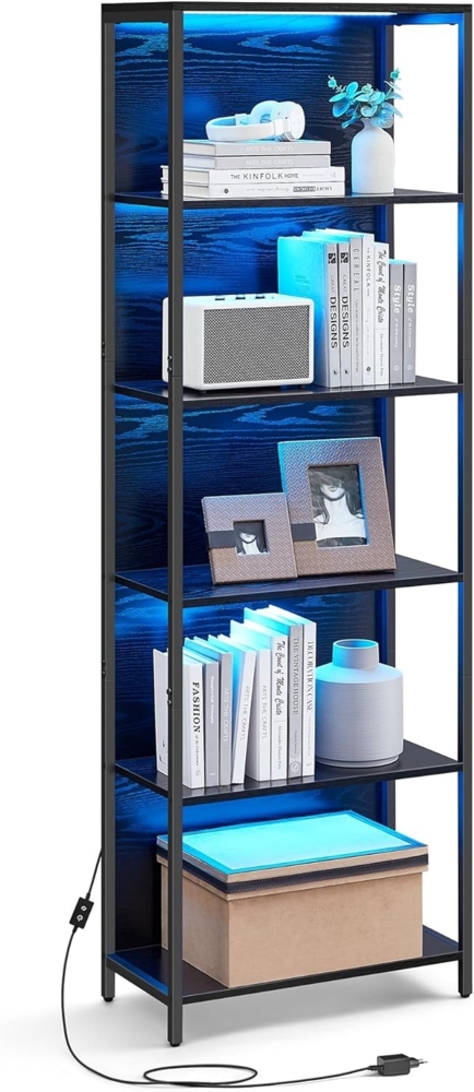 Vasagle Bücherregal mit 6 Ebenen, Standregal mit einstellbarer LED-Beleuchtung, Regal mit Stahlrahmen, 30,3x40/60x178,6 cm, für Wohnzimmer, Schlafzimmer, Arbeitszimmer, ebenholzschwarz LLSDE120B57 Bild 1